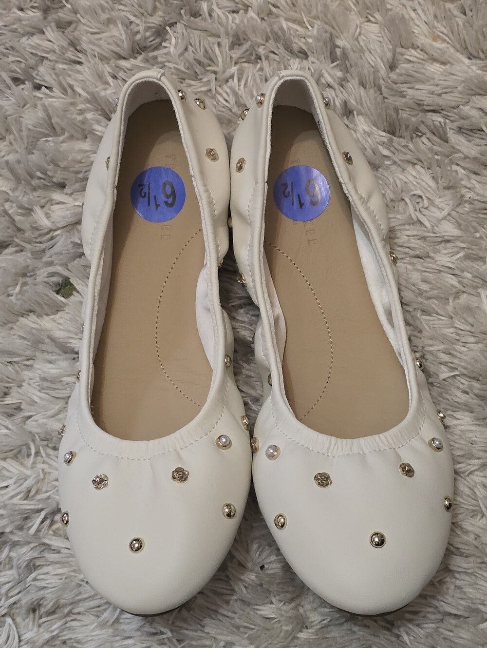 Ted Baker Ivory Studded Ballet Flats with Gold Accents